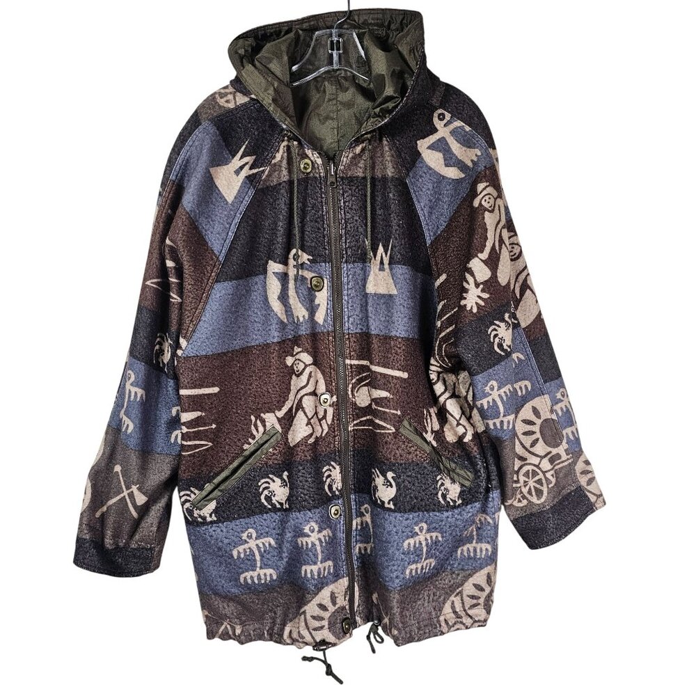 Vintage Current Seen Reversible Southwestern Parka M Hooded Brown Cabincore - Picture 3 of 14